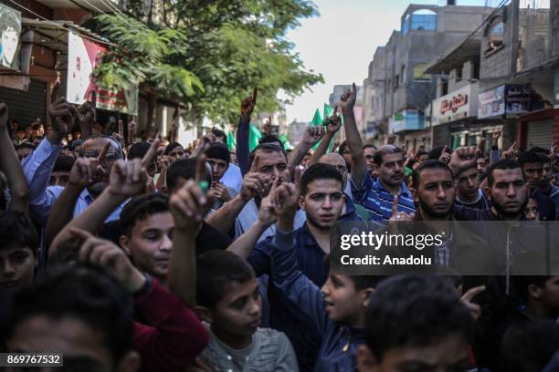 Palestinians stage a protest during the 100th anniversary of Balfour Declaration in Gaza Strip, Gaza on November 03, 2017. The 1917 Balfour...