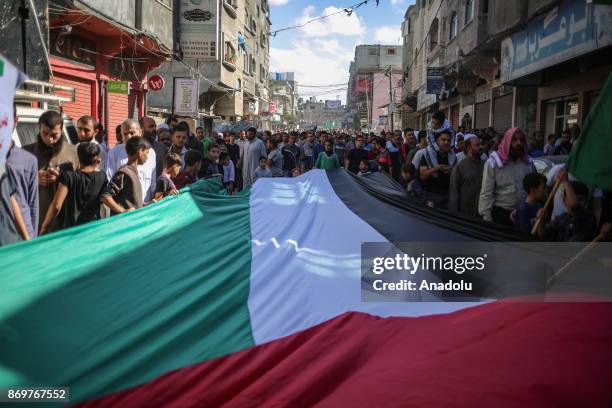 Palestinians stage a protest during the 100th anniversary of Balfour Declaration in Gaza Strip, Gaza on November 03, 2017. The 1917 Balfour...