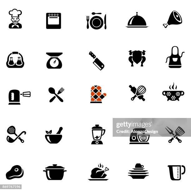 stockillustraties, clipart, cartoons en iconen met chef-kok koken pictogrammen - plateau keukengereedschap