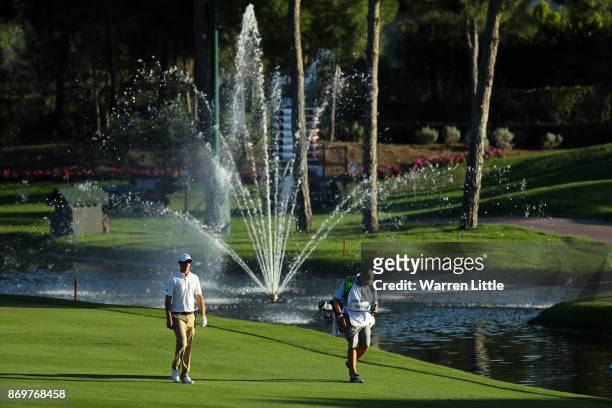 Nicolas Colsaerts of Belgium walks down the 18th hole during the second round of the Turkish Airlines Open at the Regnum Carya Golf & Spa Resort on...