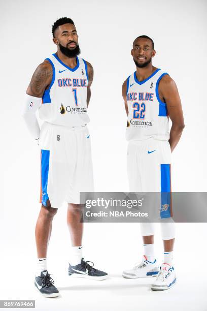 Michael Cobbins and Markel Brown of the Oklahoma City Blue pose for a portrait during the NBA G-League media day at the Blue Development Center in...