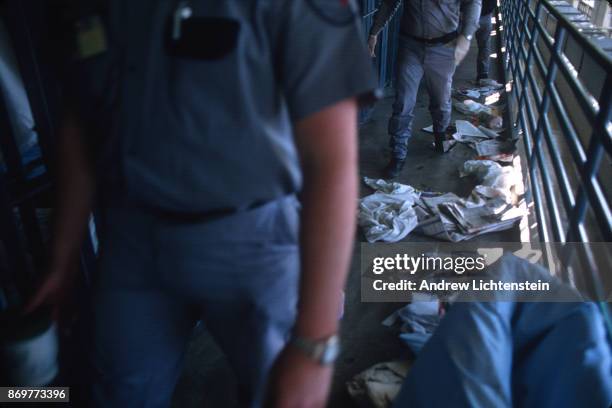 Corrections officers search every cell in Texas' Coffield Unit for contraband and weapons on March 15, 1998 in Tennessee Colony, Texas. Periodic...