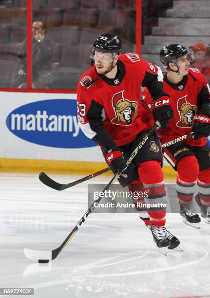 Jack Rodewald of the Ottawa Senators skates during warmup prior to a game against the Montreal Canadiens at Canadian Tire Centre on October 30, 2017...