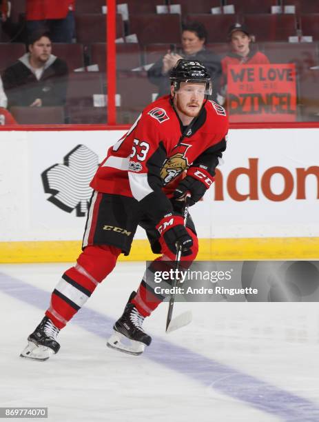 Jack Rodewald of the Ottawa Senators skates during warmup prior to a game against the Montreal Canadiens at Canadian Tire Centre on October 30, 2017...