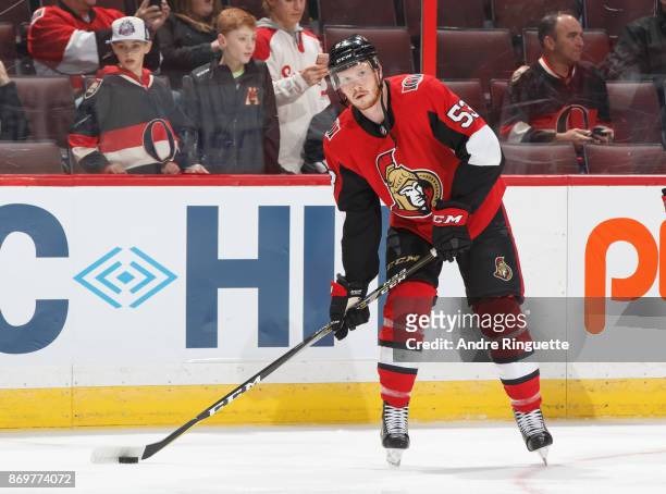 Jack Rodewald of the Ottawa Senators skates during warmup prior to a game against the Montreal Canadiens at Canadian Tire Centre on October 30, 2017...