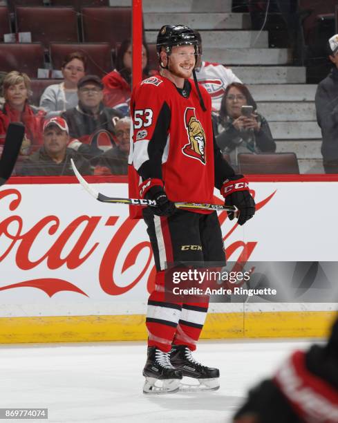 Jack Rodewald of the Ottawa Senators smiles during warmup prior to a game against the Montreal Canadiens at Canadian Tire Centre on October 30, 2017...