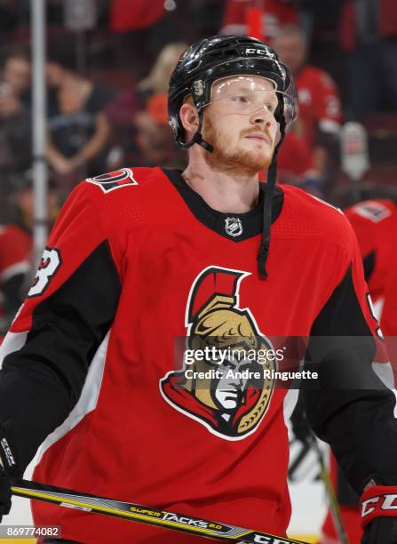 Jack Rodewald of the Ottawa Senators skates during warmup prior to a game against the Montreal Canadiens at Canadian Tire Centre on October 30, 2017...