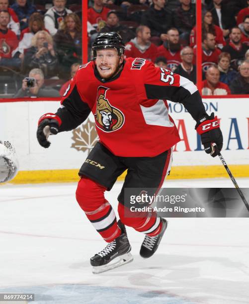 Jack Rodewald of the Ottawa Senators skates against the Montreal Canadiens at Canadian Tire Centre on October 30, 2017 in Ottawa, Ontario, Canada.