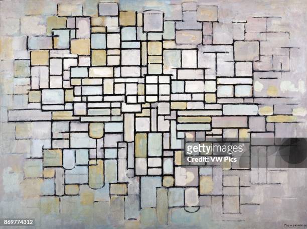 Painting titled 'Composition no. 11' by Piet Mondrian Dutch painter. He was a contributor to the De Stijl art movement and group, which was founded...
