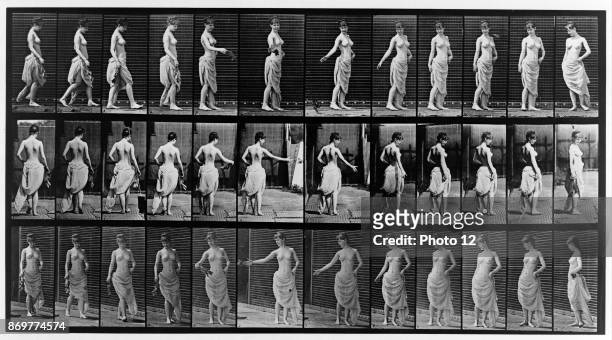 Thirty-six consecutive images of partially nude woman walking and turning. Photographed by Eadweard Muybridge in 1887 as a collotype prin.