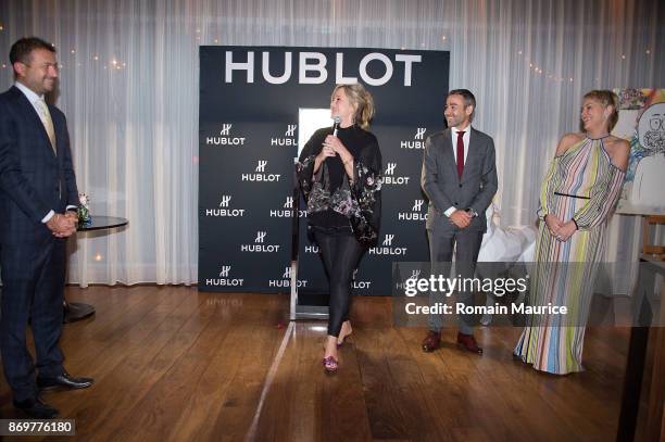 Kamal Hotchandani, Kelly Stone, Sharon Stone and Jean Franois Sberro attend Haute Living Celebrates Sharon Stone With Hublot at The Matador Room at...