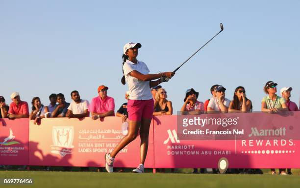 Aditi Ashok of India tees off on the 18th hole during Day Three of the Fatima Bint Mubarak Ladies Open at Saadiyat Beach Golf Club on November 3,...