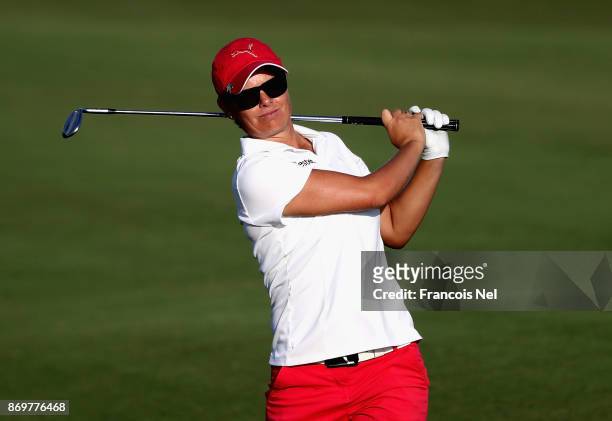 Lee-Anne Pace of South Africa plays her third shot on the 15th hole during Day Three of the Fatima Bint Mubarak Ladies Open at Saadiyat Beach Golf...