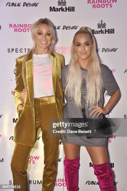 Lou Teasdale and Lottie Tomlinson arrive at Lottie Tomlinson's "Rainbow Roots" book launch at Tape London on November 2, 2017 in London, England.