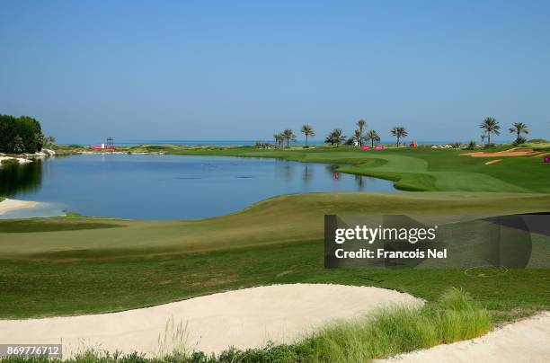 General view of the 18th hole during Dat Three of the Fatima Bint Mubarak Ladies Open at Saadiyat Beach Golf Club on November 3, 2017 in Abu Dhabi,...