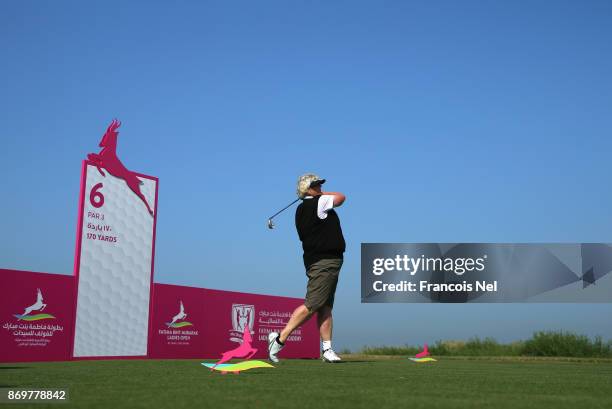 Laura Davis of England tees off on the 6th hole during Dat Three of the Fatima Bint Mubarak Ladies Open at Saadiyat Beach Golf Club on November 3,...