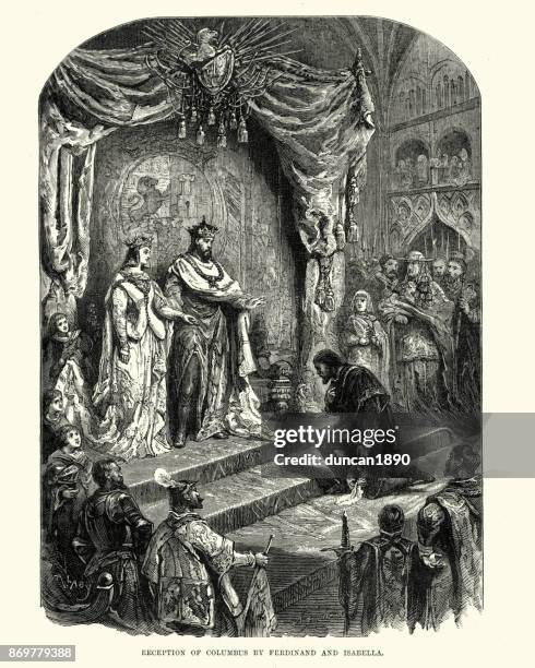 stockillustraties, clipart, cartoons en iconen met opvang van columbus door ferdinand en isabella - ferdinand ii of aragon