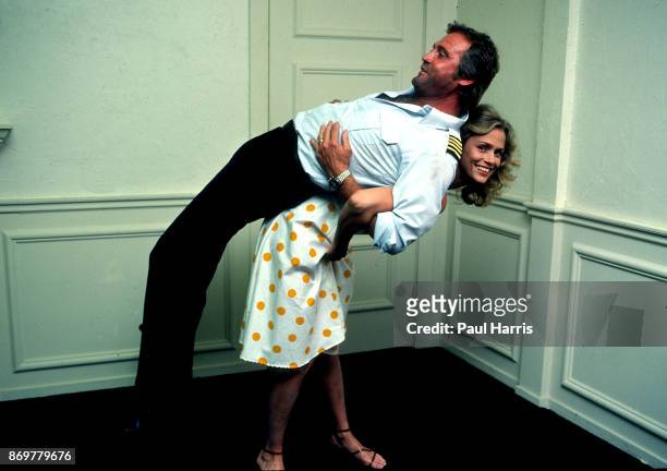 Supermodel Lauren Hutton and Actor Lee Majors joke around at a press conference announcing the release of Starflight: The Plane That Couldn't Land a...