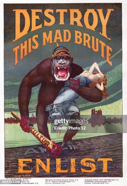 Destroy this mad brute. Enlist - U.S. Army. World war One, propaganda poster shows a gorilla with a helmet labeled 'militarism' holding a bloody club...