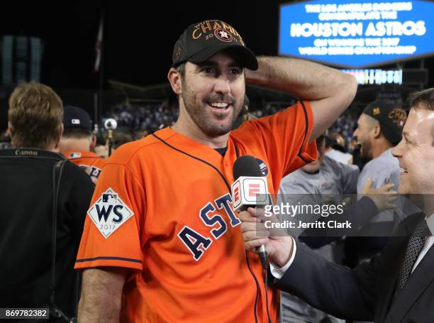 Justin Verlander of the Houston Astros celebrates after defeating the Los Angeles Dodgers 5-1 in game seven to win the 2017 World Series at Dodger...
