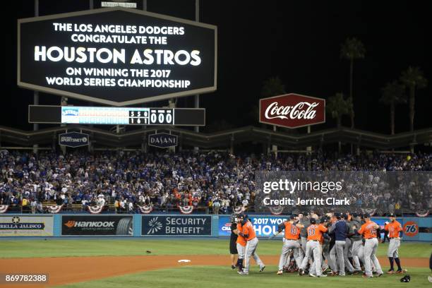 The Houston Astros celebrate defeating the Los Angeles Dodgers 5-1 in game seven to win the 2017 World Series at Dodger Stadium on November 1, 2017...