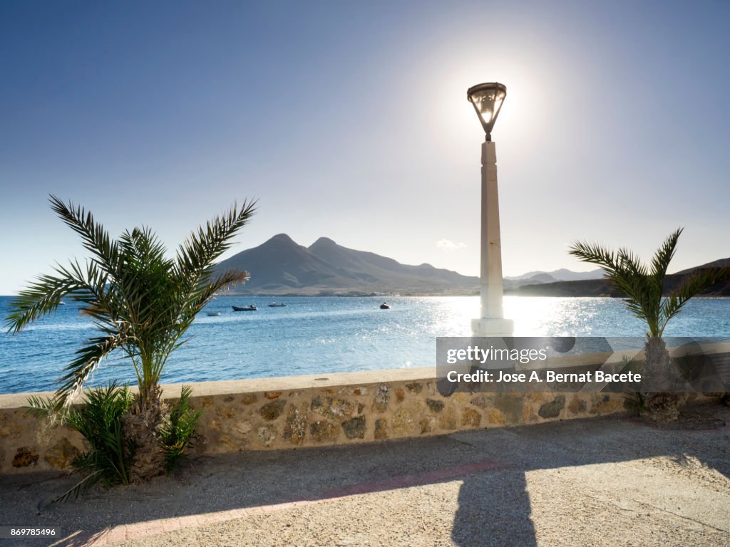 Maritime walk or street close to the sea with two palms and a lamppost from where one sees the sea and a mountain, Isleta del Moro, of the natural park of Cabo de Gata - Nijar, in Almeria,  Andalucia, Spain.