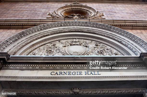 Decorative stonework on the facade of Carnegie Hall in New York, New York.