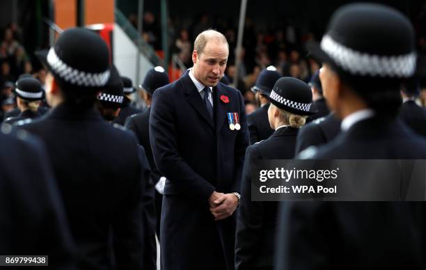Prince William, Duke of Cambridge inspects police cadets at the Metropolitan Police Service Passing Out Parade in Hendon on November 3, 2017 in...