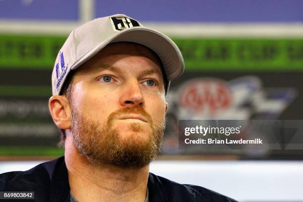 Dale Earnhardt Jr., driver of the Nationwide/Justice League Chevrolet, speaks with the media during a press conference at Texas Motor Speedway on...