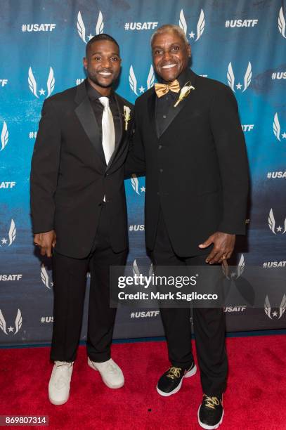 Olympic Gold Medalist Justin Gatlin and Legacy Award Honoree Carl Lewis attends the 2017 USATF Black Tie & Sneakers Gala at The Armory Foundation on...