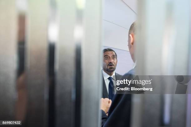 Sheikh Ahmed bin Saeed Al Maktoum, chief executive officer of Emirates Airlines, left, speaks with Tom Enders, chief executive officer of Airbus SE,...