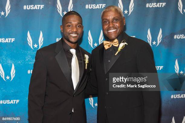 Olympic Gold Medalist Justin Gatlin and Legacy Award Honoree Carl Lewis attends the 2017 USATF Black Tie & Sneakers Gala at The Armory Foundation on...