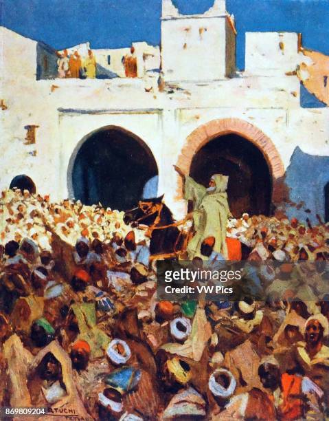 Muhammad al-Muqri, the Grand Vizier of Morocco calms inhabitants of Tetouan, after the military uprising which began the Spanish Civil War 1936.