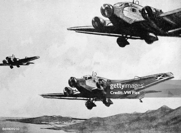 Moroccan troops flown by aircraft, after the military uprising which began the Spanish Civil War 1937.