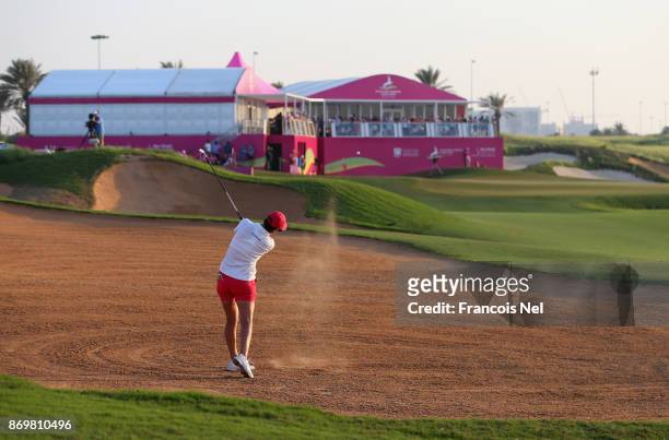 Lee-Anne Pace of South Africa plays her second shot on the 18th hole during Day Three of the Fatima Bint Mubarak Ladies Open at Saadiyat Beach Golf...