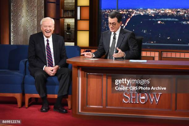 The Late Show with Stephen Colbert and guest Chris Matthews during Tuesday's October 31, 2017 show.