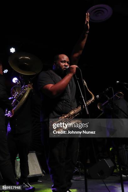 Erion Williams of The Soul Rebels Brass Band performs during the Stampede Of Sound Charity Extravaganza at Brooklyn Bowl on November 2, 2017 in New...