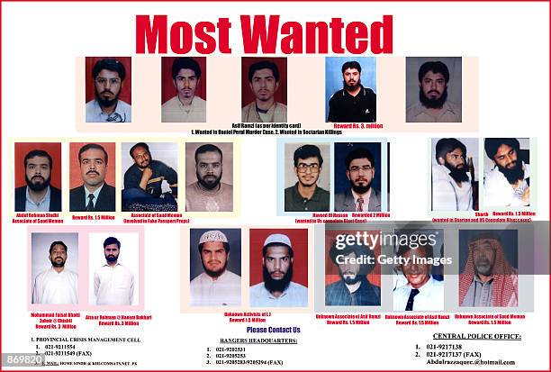 Handout issued by the Pakistan authorities to the local newspapers shows the most wanted terrorists in the murder of U.S. Reporter Daniel Pearl and...