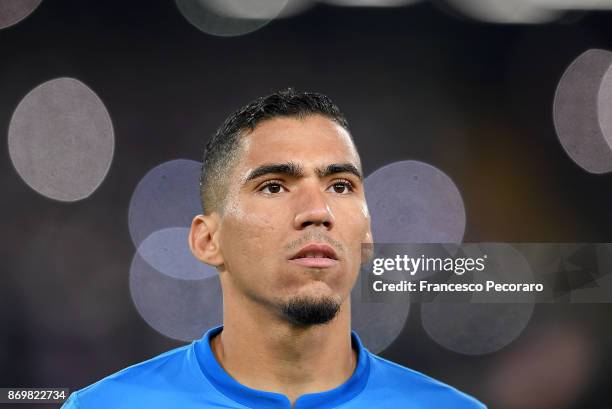 Allan of SSC Napoli line up before the UEFA Champions League group F match between SSC Napoli and Manchester City at Stadio San Paolo on November 1,...