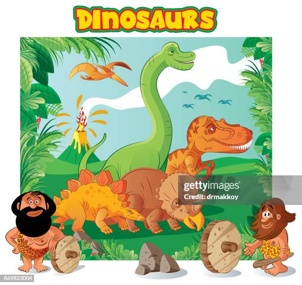 dinosaurs and caveman - caveman stock illustrations