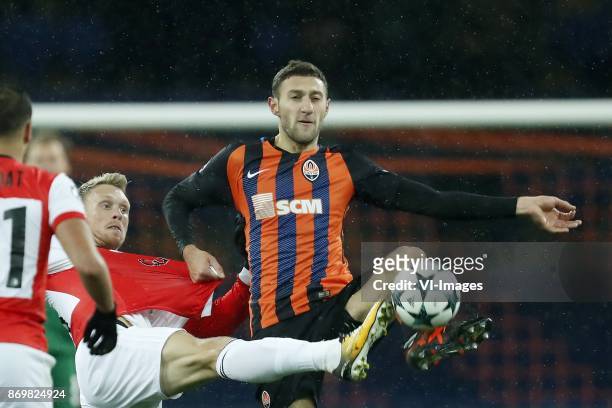 Nicolai Jorgensen of Feyenoord, Ivan Ordets of FC Shakhtar Donetsk during the UEFA Champions League group F match between Shakhtar Donetsk and...