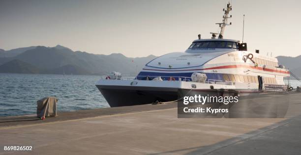 turkey, marmaris, view of catamaran parked at ferry port - catamaran sailing stock pictures, royalty-free photos & images