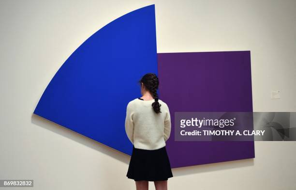 Woman looks at Ellsworth Kelly's "Purple Panel with Blue Curve" during a press preview at Sotheby's New York November 03, 2017 for the upcoming...