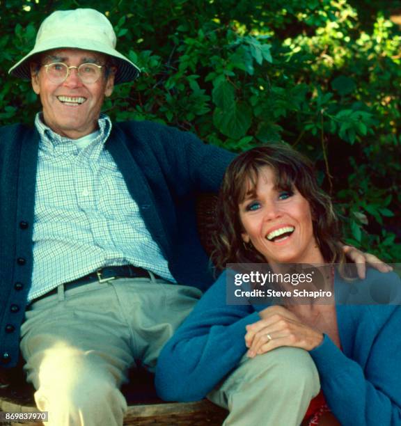 Portrait of American actor Henry Fonda and his daughter, actress Jane Fonda , as they share a laugh on the set of the film 'On Golden Pond' , New...