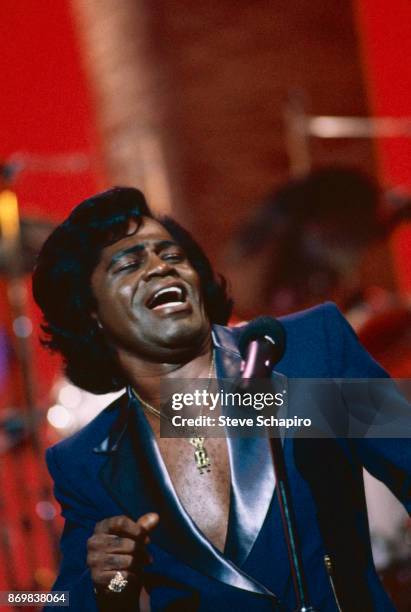 American R&B and Soul singer James Brown performs on an episode of the television show 'Thicke of the Night,' Los Angeles, California, 1983.