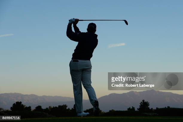 Michael Thompson hits his tee shot on the 10th hole during the second round of the Shriners Hospitals For Children Open at the TPC Summerlin on...