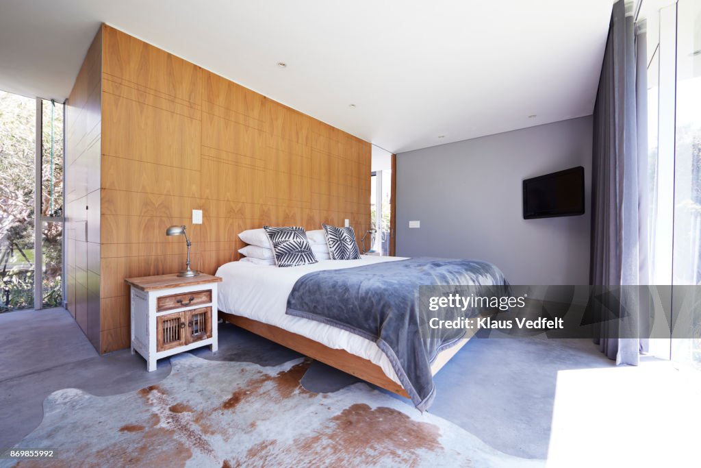 Interior still life image of bedroom in designed villa