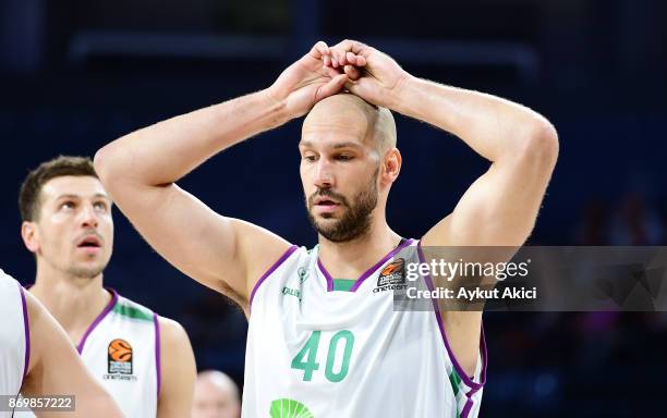 James Augustine, #40 of Unicaja Malaga in action during the 2017/2018 Turkish Airlines EuroLeague Regular Season game between Anadolu Efes Istanbul...