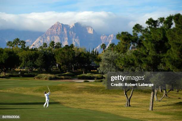 Martin Flores hits his approach shot on the 11th hole during the second round of the Shriners Hospitals For Children Open at the TPC Summerlin on...