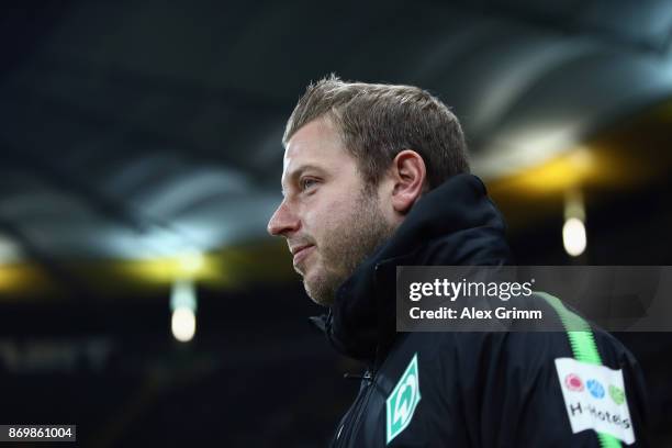 Interim coach Florian Kohfeldt of Bremen looks on prior to the Bundesliga match between Eintracht Frankfurt and SV Werder Bremen at Commerzbank-Arena...